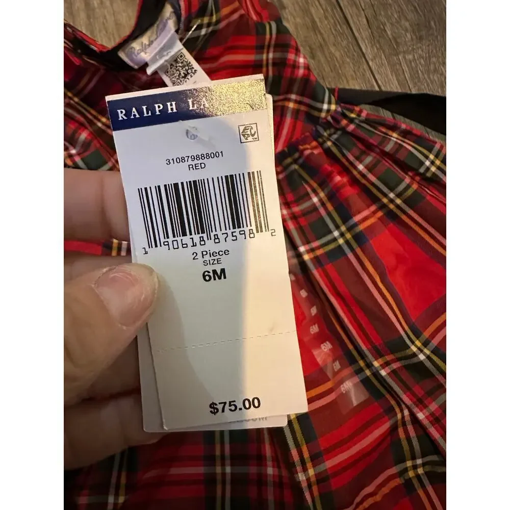 NWT Ralph Lauren Baby Girl's Plaid Print Fit & Flare Dress 2 Pec Set Size 6 M